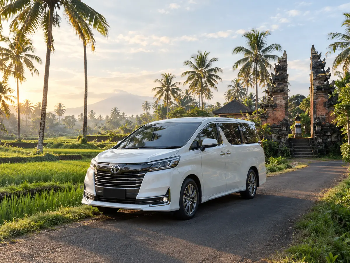 A white private minivan parked on a lane between rice fields and a Balinese temple gate