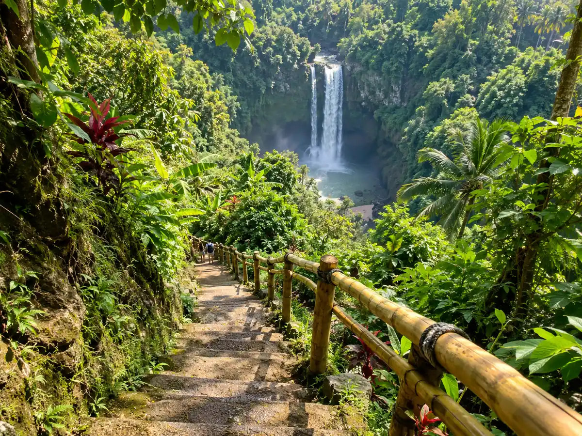 A jungle path with a bamboo handrail leading down towards a waterfall in Bali